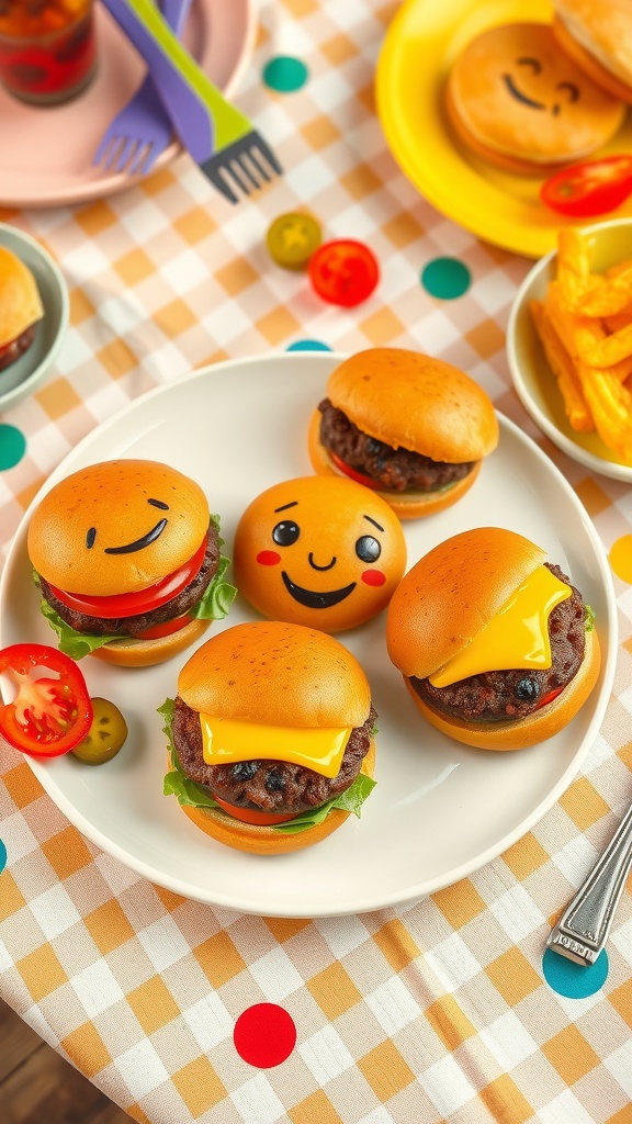 Colorful plate of homemade burger doodles shaped like characters, served with toppings.